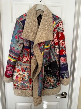 Johnny Was-Biya-Multicolor Floral Patchwork Teddy Coat with Cream Sherpa Trim